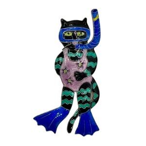 Vintage ZARAH Judith Geiger Enamel on Sterling Scuba Snorkel Cat Brooch
